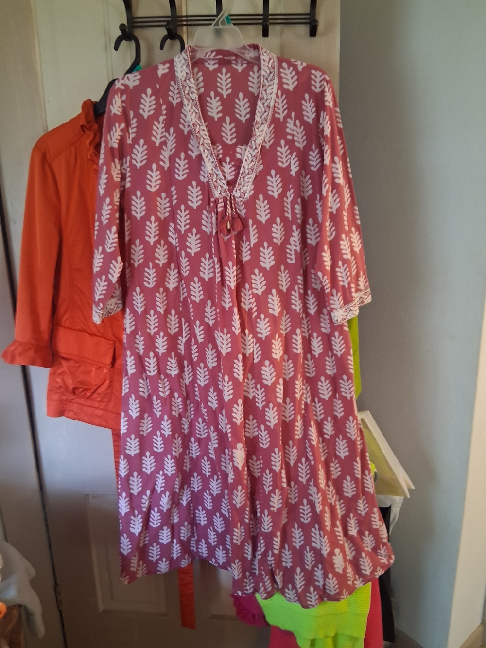 Pink Tunic Dress with White Leaf Print And Embroidery